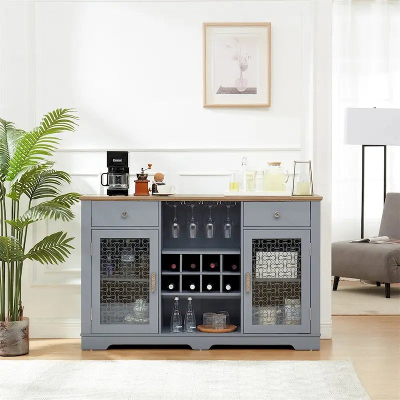 Buffet Bahut de Ferme avec Portes en Verre Traforé 2 Tiroirs Rangement Bouteilles de Vin et Porte-Verres Bleu Clair