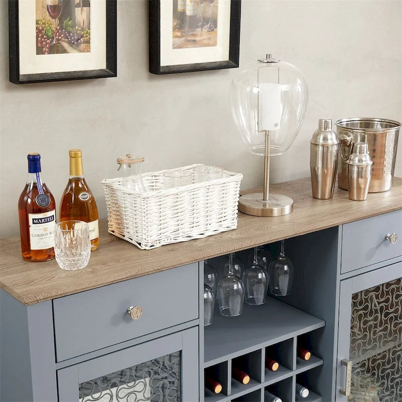 Buffet Bahut de Ferme avec Portes en Verre Traforé 2 Tiroirs Rangement Bouteilles de Vin et Porte-Verres Bleu Clair