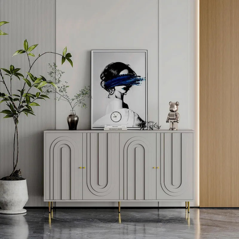 Buffet laqué minimaliste 4 portes avec pieds dorés gris