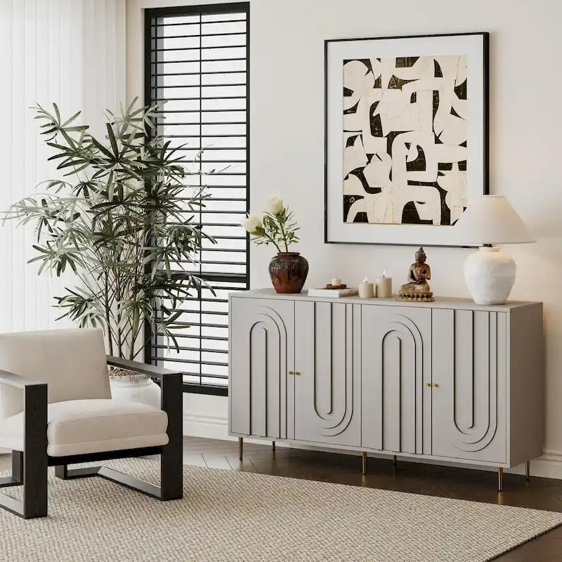 Buffet laqué minimaliste 4 portes avec pieds dorés gris