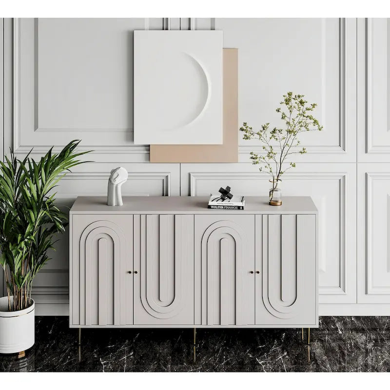Buffet laqué minimaliste 4 portes avec pieds dorés gris
