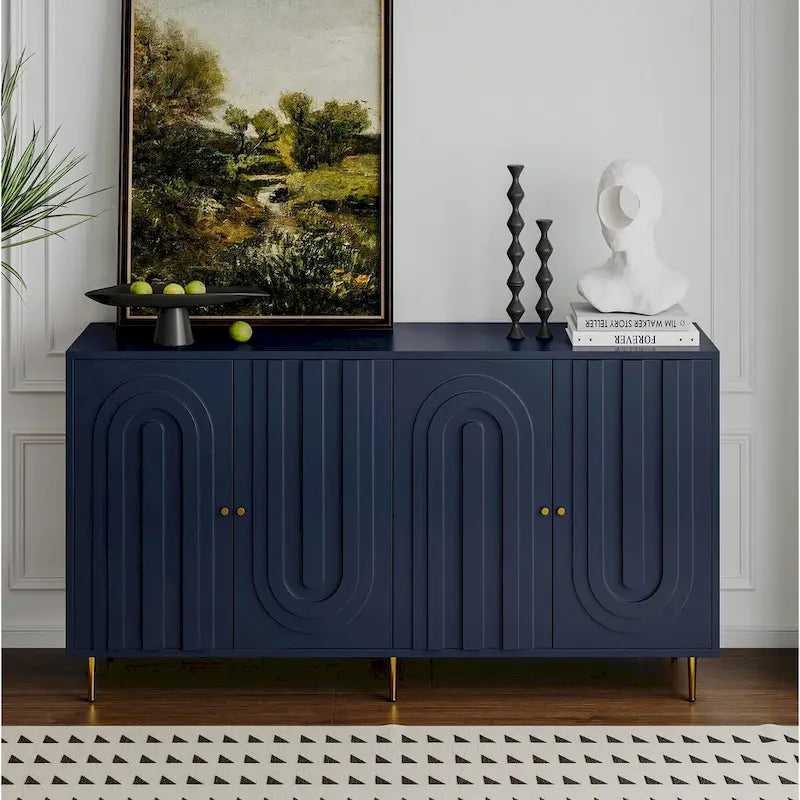 Buffet laqué minimaliste 4 portes avec pieds dorés gris