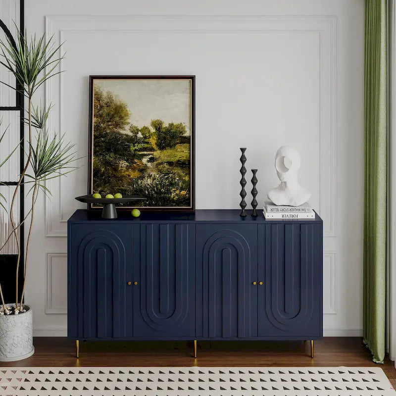 Buffet laqué minimaliste 4 portes avec pieds dorés gris