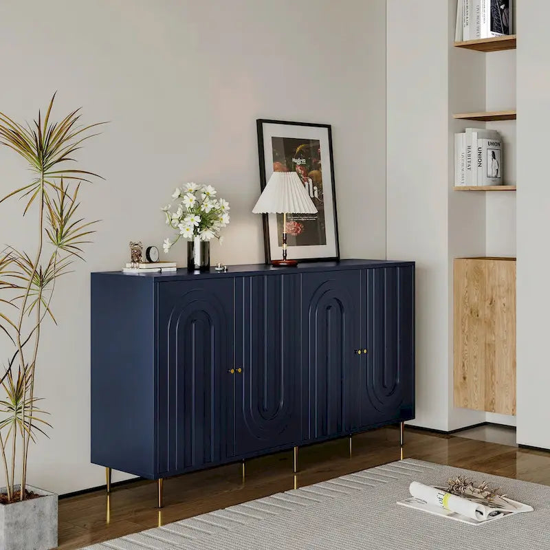 Buffet laqué minimaliste 4 portes avec pieds dorés gris