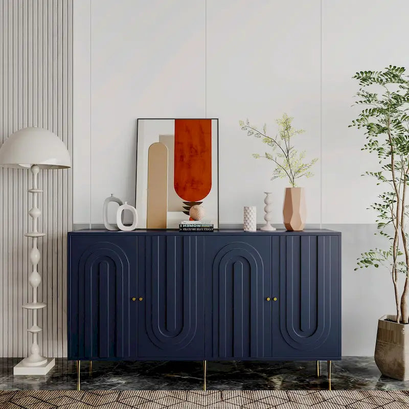 Buffet laqué minimaliste 4 portes avec pieds dorés gris