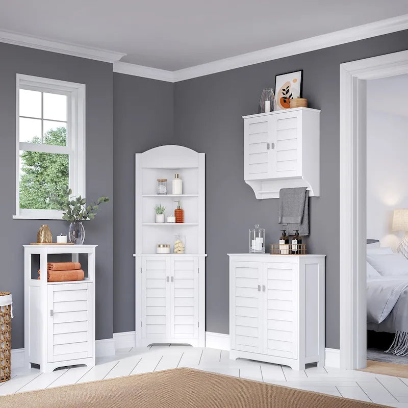 Meuble de rangement bas à 2 portes avec volets persiennes et étagères réglables Blanc