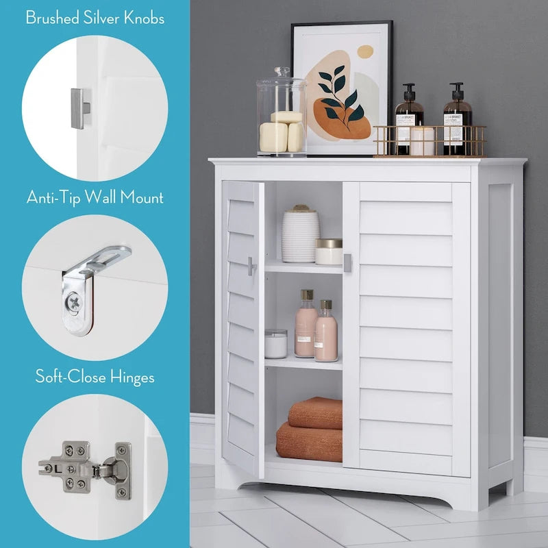 Meuble de rangement bas à 2 portes avec volets persiennes et étagères réglables Blanc
