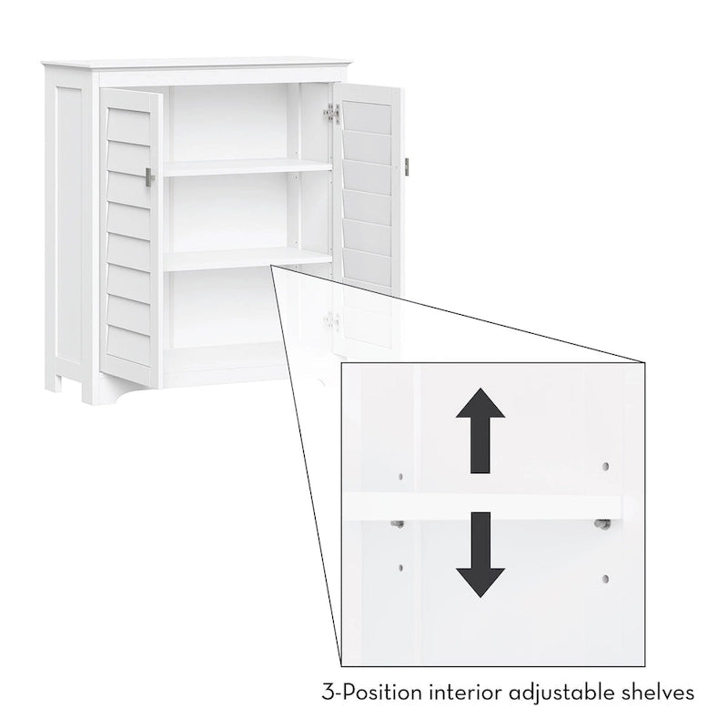 Meuble de rangement bas à 2 portes avec volets persiennes et étagères réglables Blanc