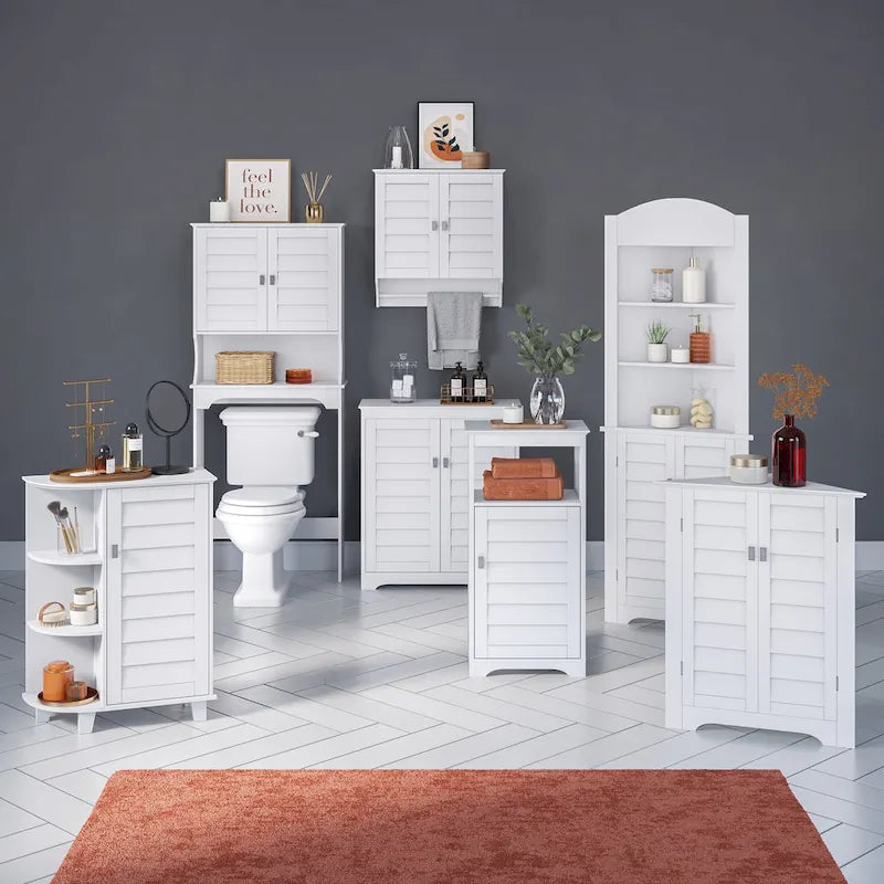 Meuble de rangement bas à 2 portes avec volets persiennes et étagères réglables Blanc