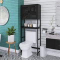 Meuble de rangement de salle de bain au-dessus des toilettes avec portes doubles à persiennes, étagère ouverte et cadre en bambou noir