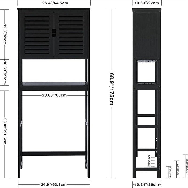 Meuble de rangement de salle de bain au-dessus des toilettes avec portes doubles à persiennes, étagère ouverte et cadre en bambou noir