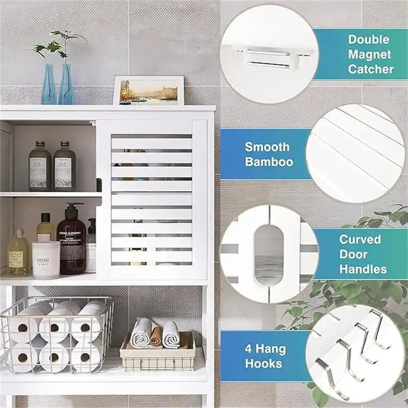 Meuble de rangement de salle de bain au-dessus des toilettes avec portes doubles à persiennes, étagère ouverte et cadre en bambou noir