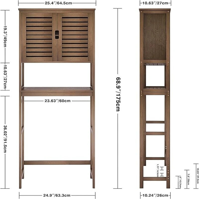 Meuble de rangement de salle de bain au-dessus des toilettes avec portes doubles à persiennes, étagère ouverte et cadre en bambou noir