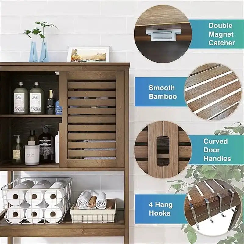 Meuble de rangement de salle de bain au-dessus des toilettes avec portes doubles à persiennes, étagère ouverte et cadre en bambou noir