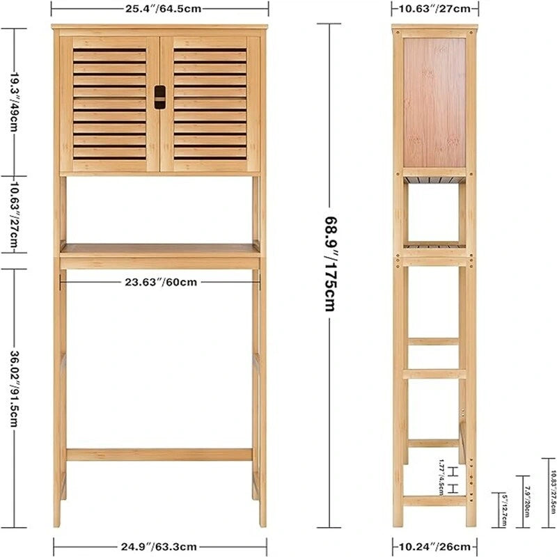 Meuble de rangement de salle de bain au-dessus des toilettes avec portes doubles à persiennes, étagère ouverte et cadre en bambou noir