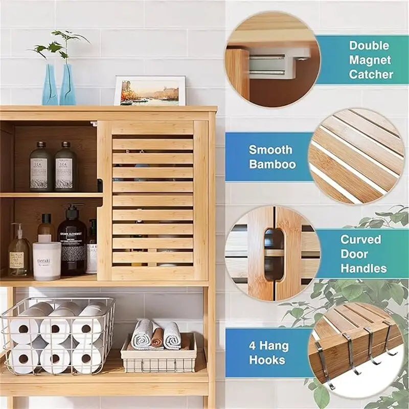 Meuble de rangement de salle de bain au-dessus des toilettes avec portes doubles à persiennes, étagère ouverte et cadre en bambou noir