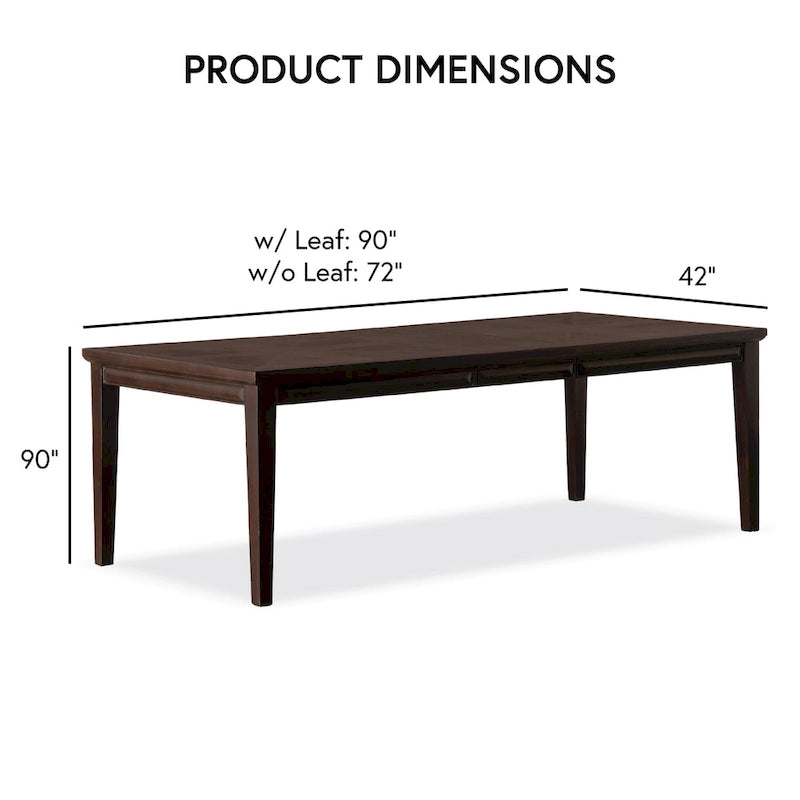 Table à manger rectangulaire extensible 90 po avec plateau en placage de chêne à tablier facetté et pieds coniques en bois massif Espresso