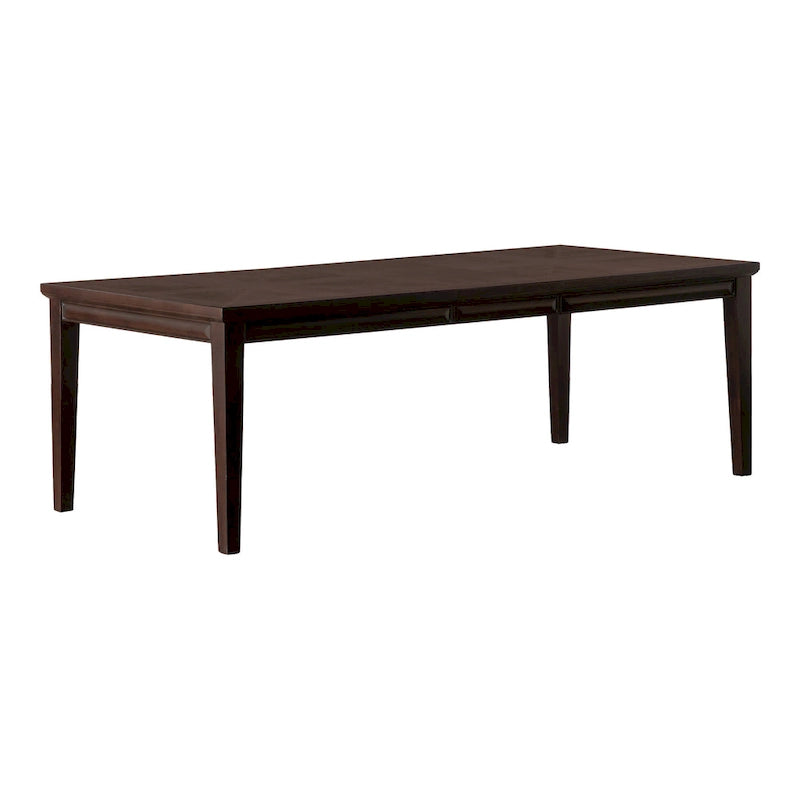 Table à manger rectangulaire extensible 90 po avec plateau en placage de chêne à tablier facetté et pieds coniques en bois massif Espresso
