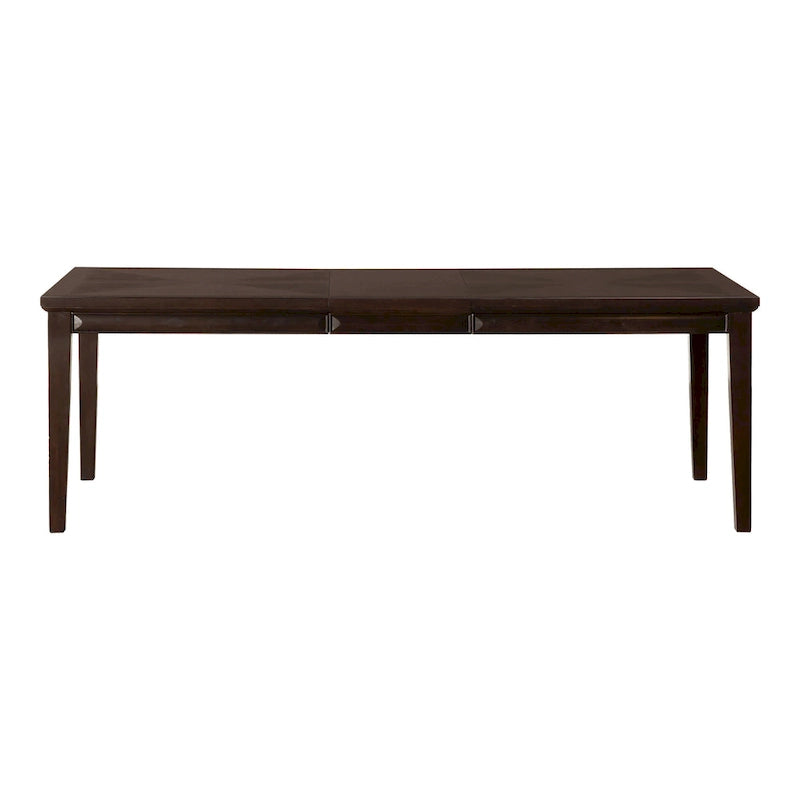Table à manger rectangulaire extensible 90 po avec plateau en placage de chêne à tablier facetté et pieds coniques en bois massif Espresso