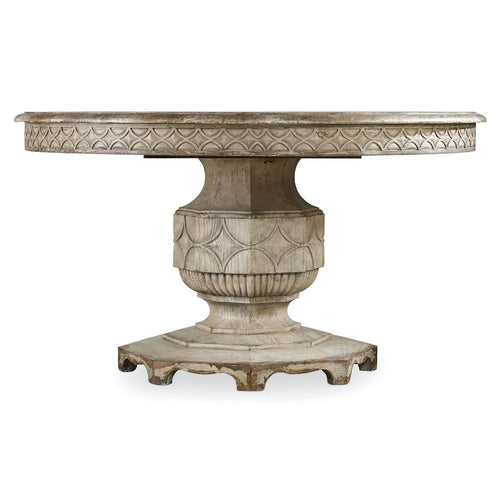 Table de salle à manger ronde de ferme de 54 po avec tablier festonné, piètement piédestal sculpté et rallonge