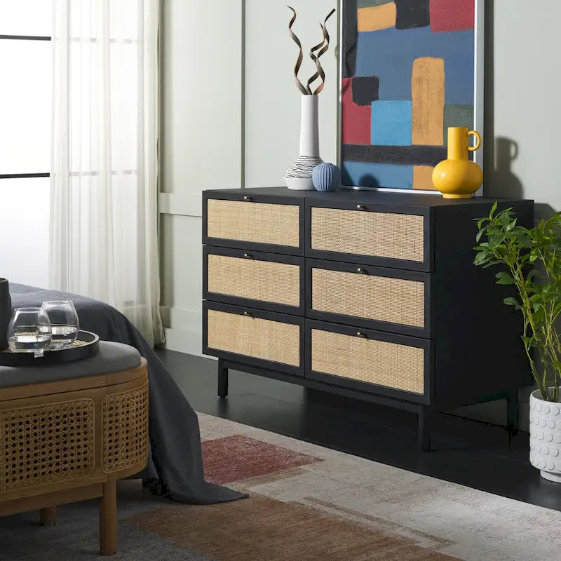Commode à 6 tiroirs en rotin tressé avec cadre en bois et poignées dorées