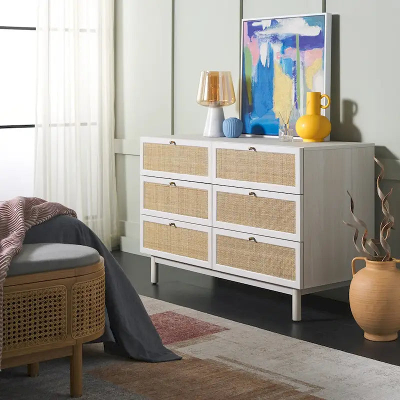 Commode à 6 tiroirs en rotin tressé avec cadre en bois et poignées dorées