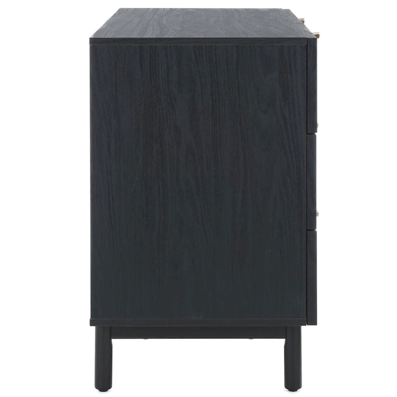 Commode à 6 tiroirs en rotin tressé avec cadre en bois et poignées dorées