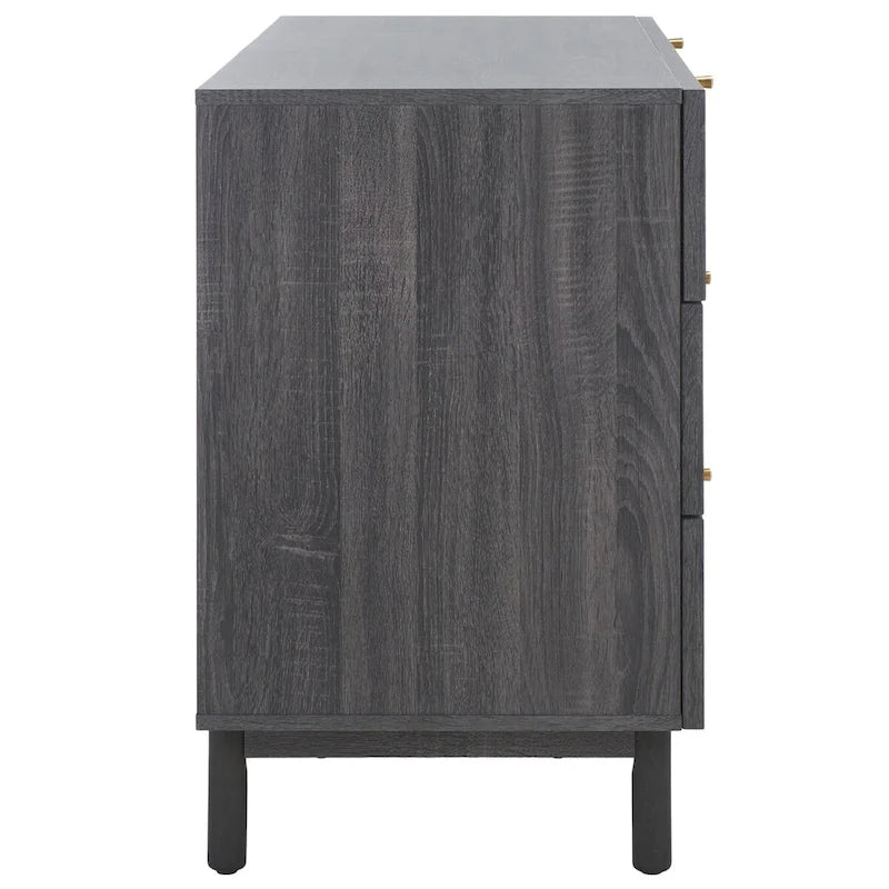 Commode à 6 tiroirs en rotin tressé avec cadre en bois et poignées dorées