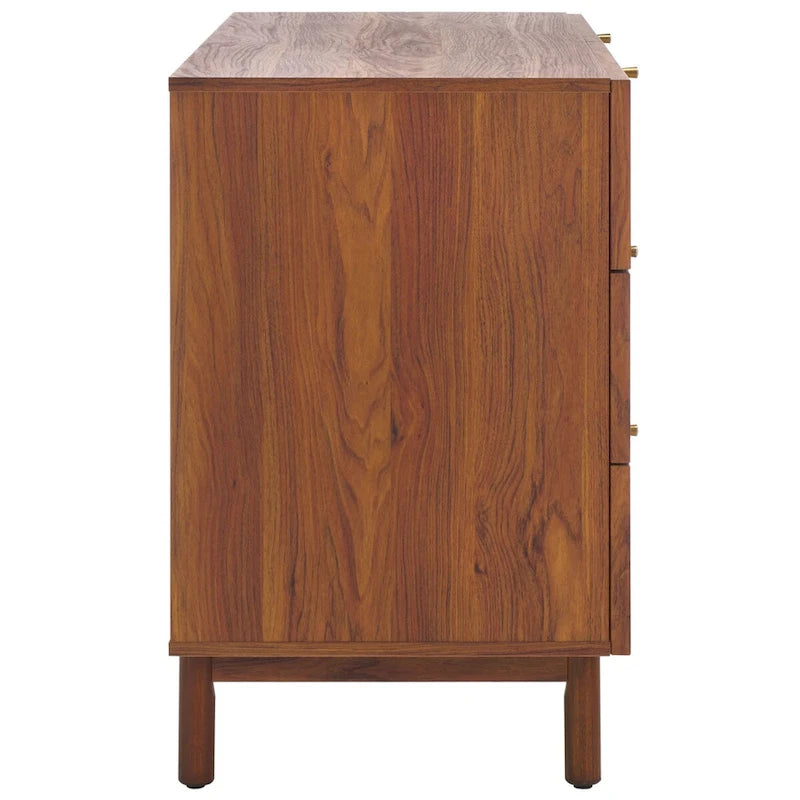 Commode à 6 tiroirs en rotin tressé avec cadre en bois et poignées dorées