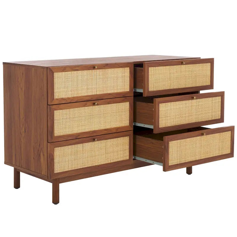 Commode à 6 tiroirs en rotin tressé avec cadre en bois et poignées dorées