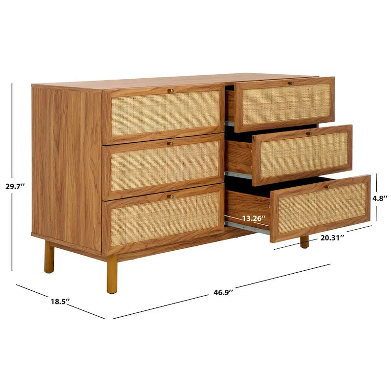 Commode à 6 tiroirs en rotin tressé avec cadre en bois et poignées dorées
