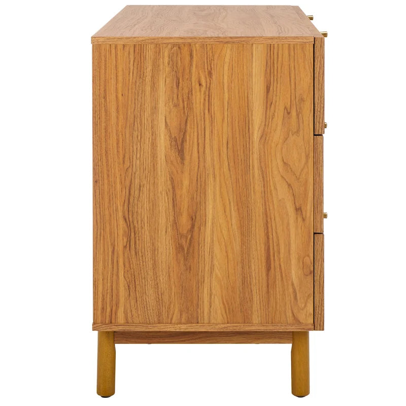 Commode à 6 tiroirs en rotin tressé avec cadre en bois et poignées dorées