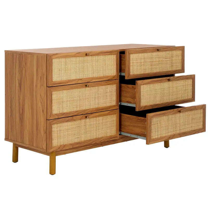 Commode à 6 tiroirs en rotin tressé avec cadre en bois et poignées dorées