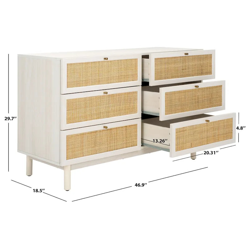 Commode à 6 tiroirs en rotin tressé avec cadre en bois et poignées dorées