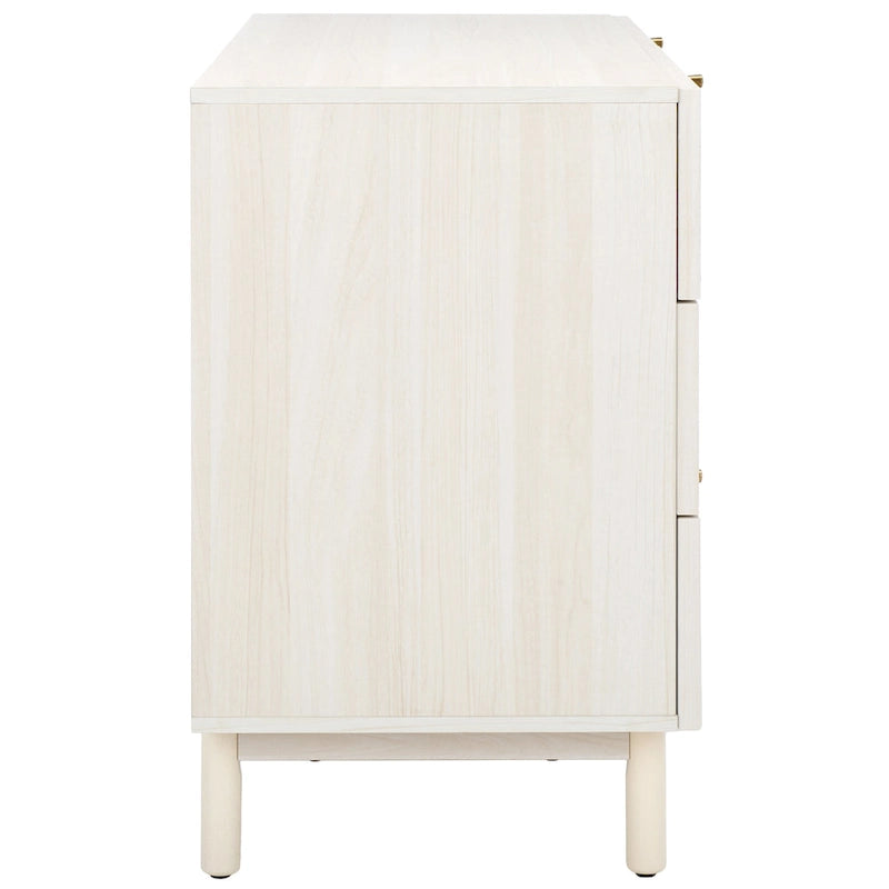 Commode à 6 tiroirs en rotin tressé avec cadre en bois et poignées dorées