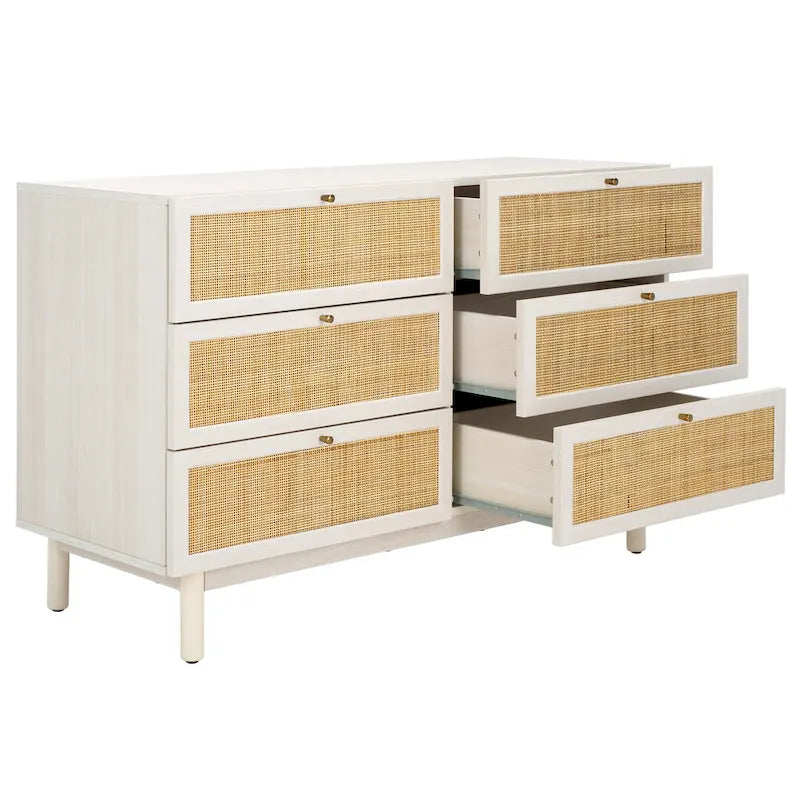 Commode à 6 tiroirs en rotin tressé avec cadre en bois et poignées dorées