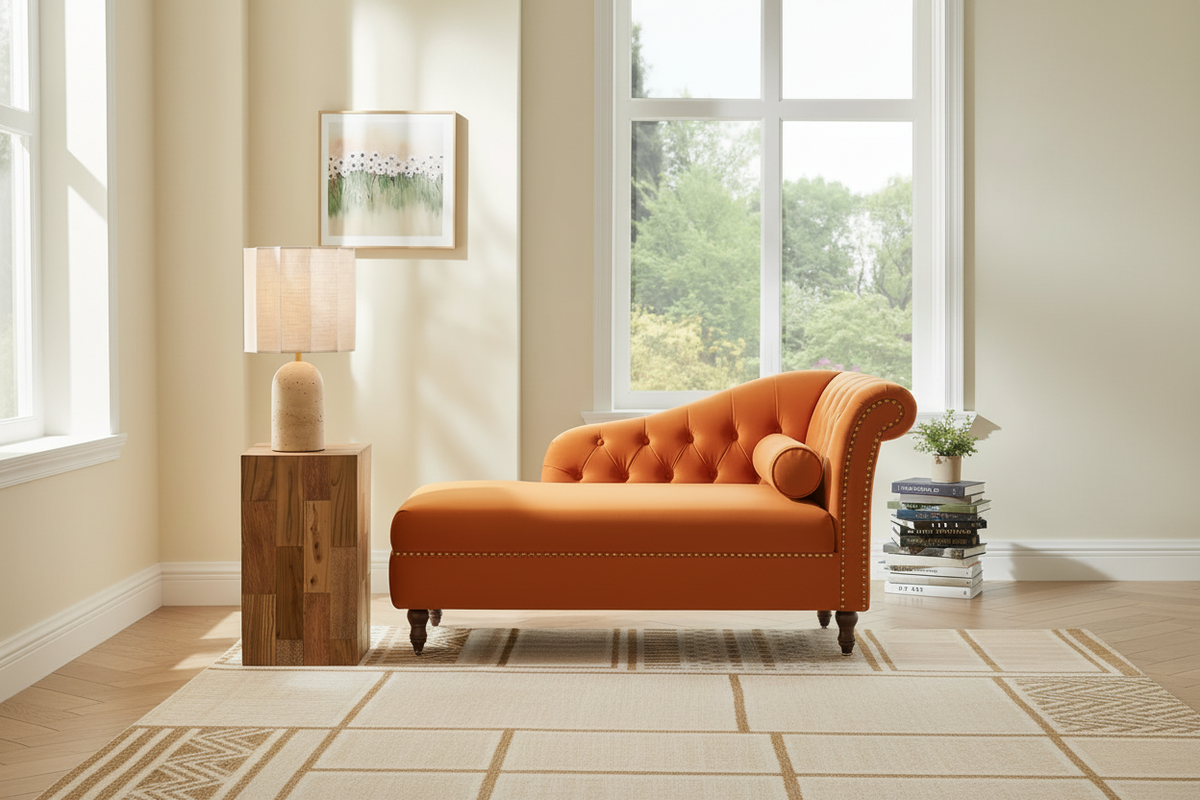 Orange Velvet Chaise Lounge - Wider View